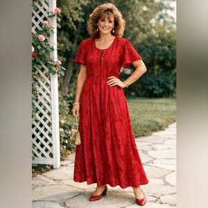 Betsy’s Things Vintage 1980s Red Floral Maxi Dress Short Sleeve Size 16